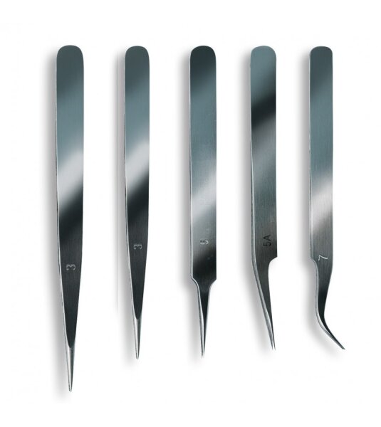 Artesania Latina SET OF 5 ASSORTED STAINLESS STEEL TWEEZERS WITH FINE POINT