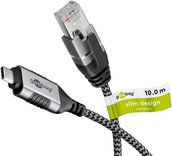 goobay USB-C 3.1/RJ45 Kabel 10,0 m silber, schwarz, 1 St.